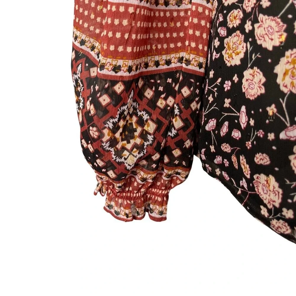 Rachel Zoe Blouse Womens Medium Black Pink Ruffle‎ Collar Trim Chiffon Top - Picture 5 of 12